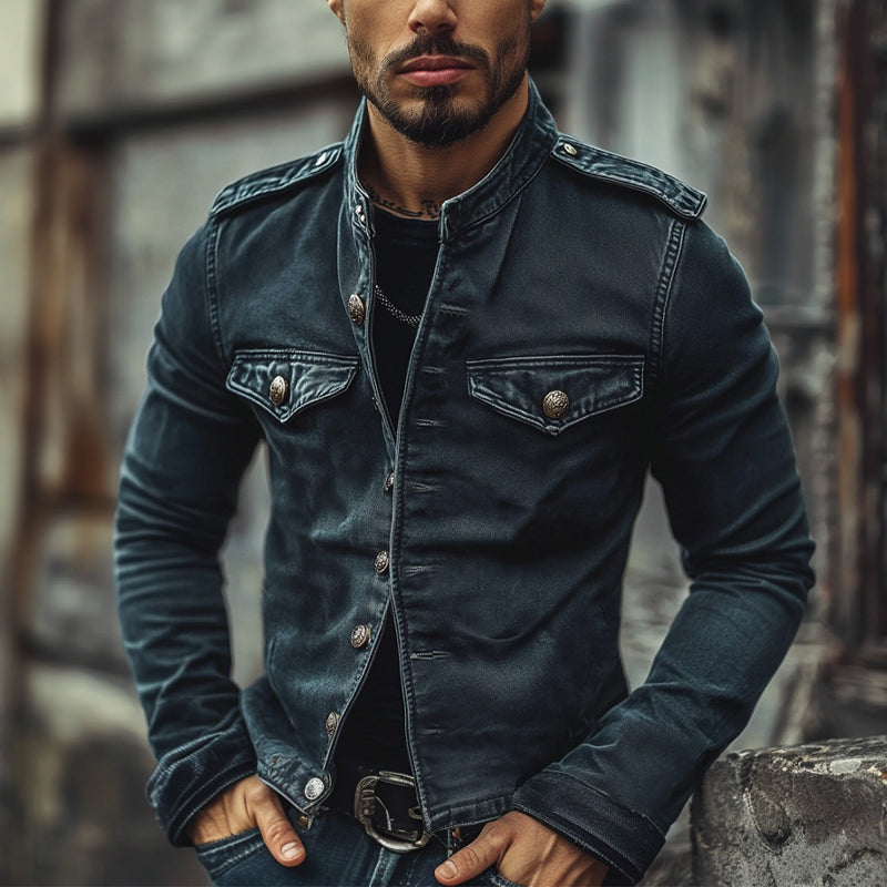 Stylish men's blue denim jacket, distressed vintage look with stand collar, great for casual mid-season wear.
