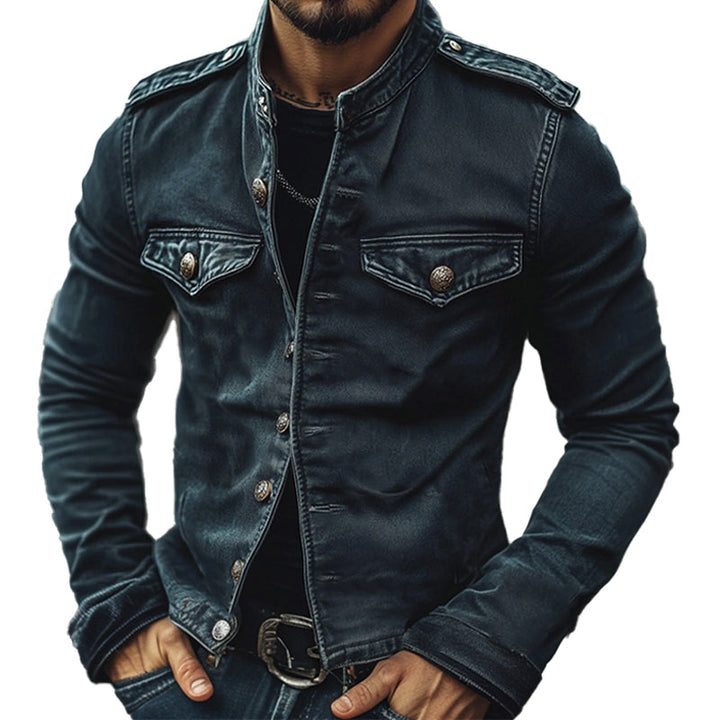 Mid-season men's vintage denim jacket, featuring a stand collar & trendy distressed blue fabric. Slim fit outerwear.