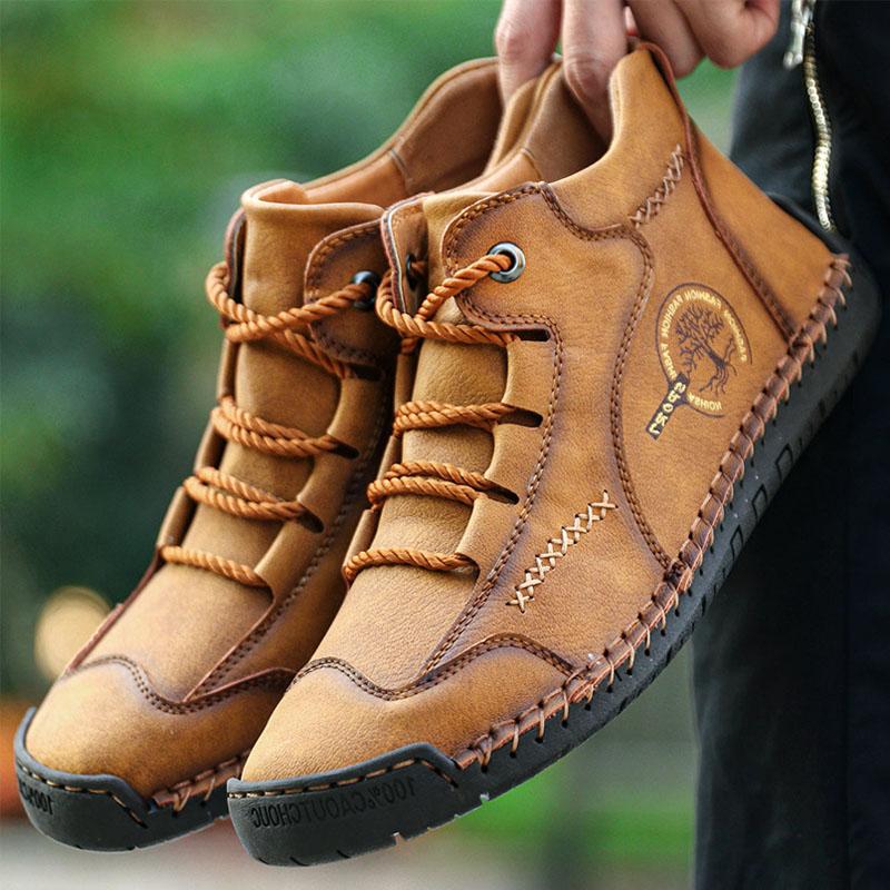Front view of men's handmade leather orthopedic boots, ideal for supportive fall fashion.