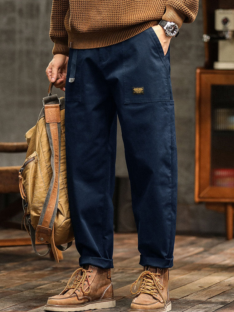 Navy blue men's vintage utility pants. Relaxed fit, ideal for casual fashion & comfortable wear.