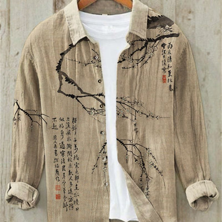 Relaxed Fit Men's Summer Shirt with Eye-Catching Japanese Art Print, Casual Style.