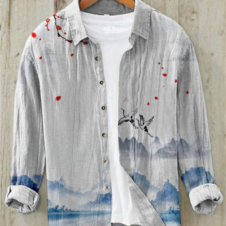 Unique Men's Button-Up Shirt, Vintage Japanese Art Pattern, Perfect for Summer Casual.