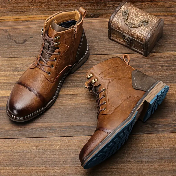 Men's vintage lace-up leather boots in classic brown, showcasing rugged appeal and timeless style.