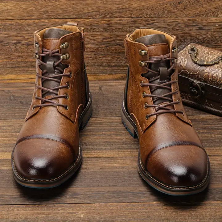 Close-up of men's brown leather boots with intricate lace-up detailing, perfect for vintage footwear enthusiasts.