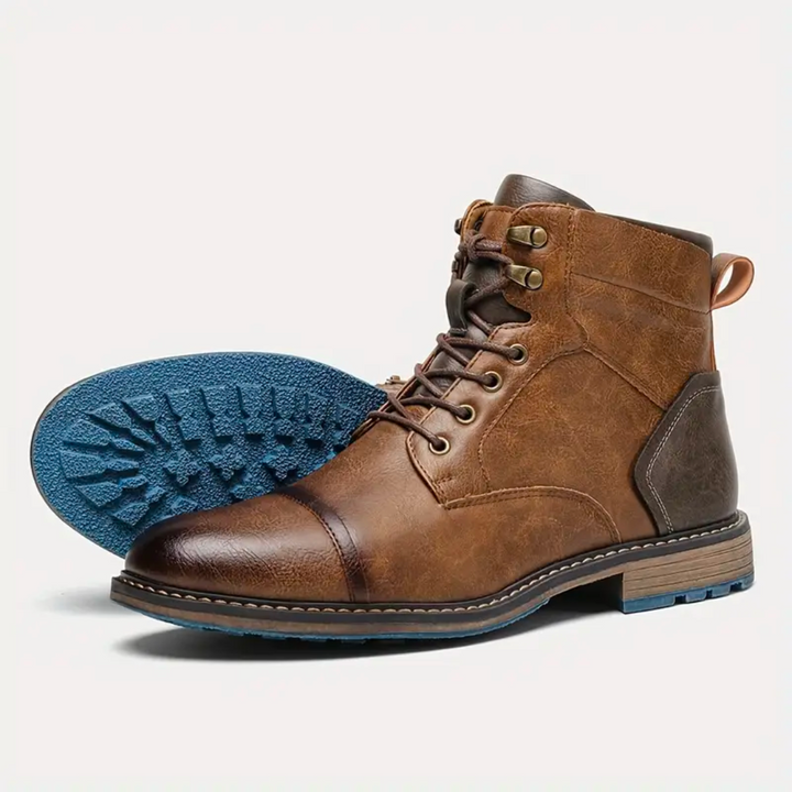 Full view of men's casual vintage leather boots, featuring durable construction and classic lace-up design.