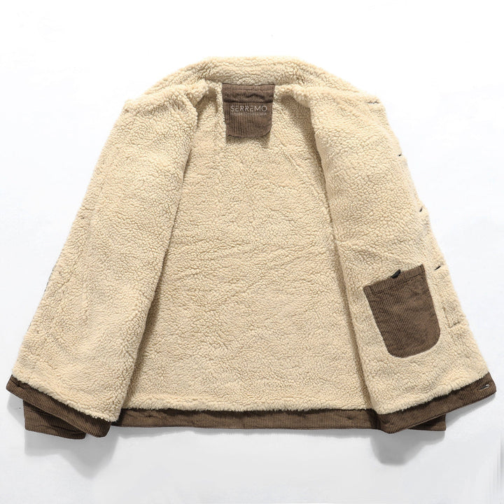 Men's vintage bomber jacket with a distinct collar, sherpa lining peeking out, stylish casual jacket.