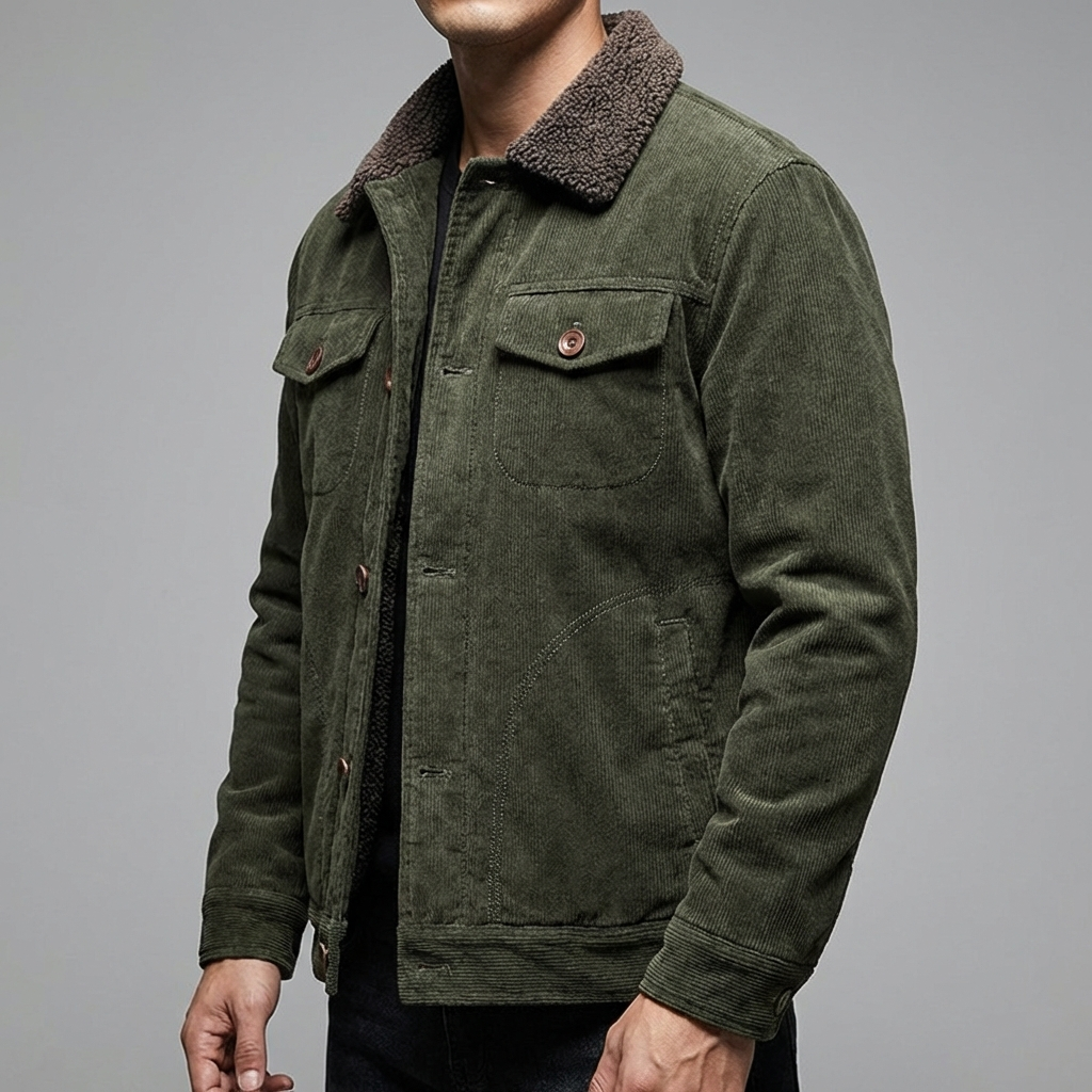 Close-up of a men's vintage velvet jacket, showcasing fabric texture and pocket detail