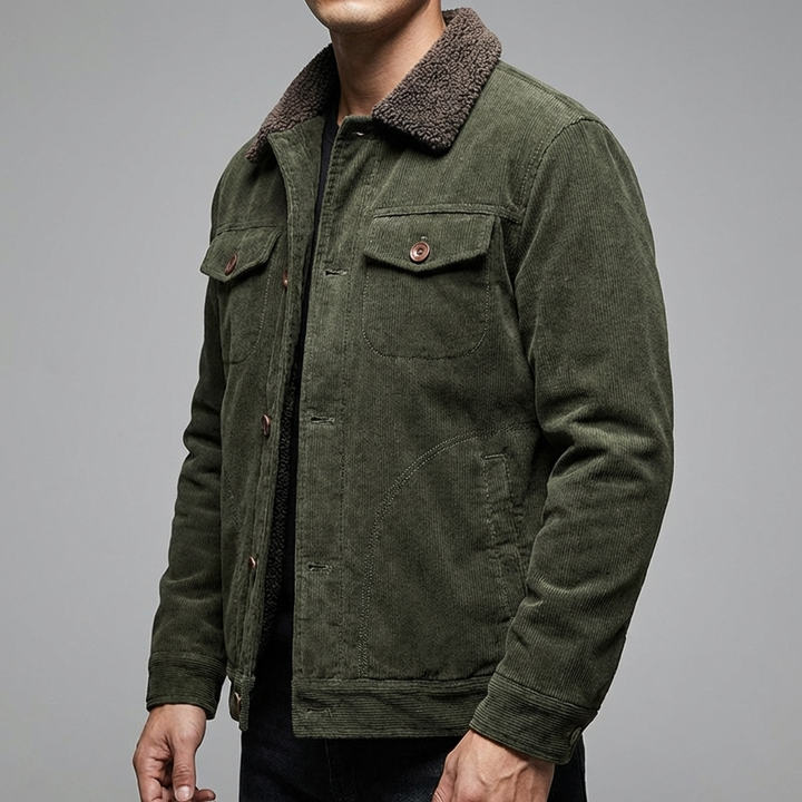 Close-up of a men's vintage velvet jacket, showcasing fabric texture and pocket detail