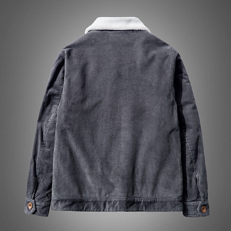 Detail of the collar and front closure on a men's vintage velvet casual jacket