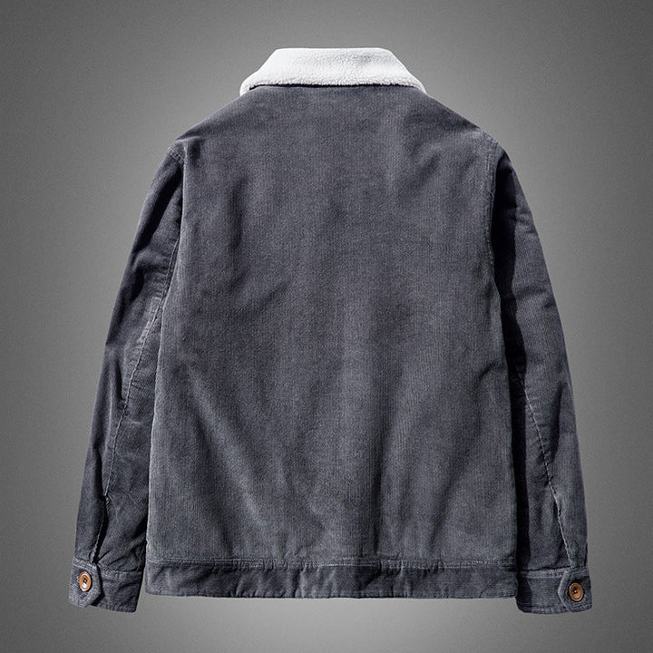 Detail of the collar and front closure on a men's vintage velvet casual jacket