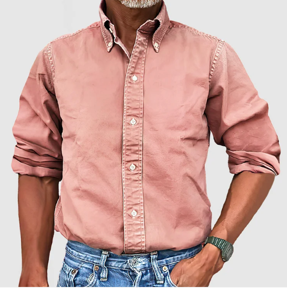 Modern men's vintage wash button down long sleeve shirt. A stylish & versatile addition to your wardrobe.
