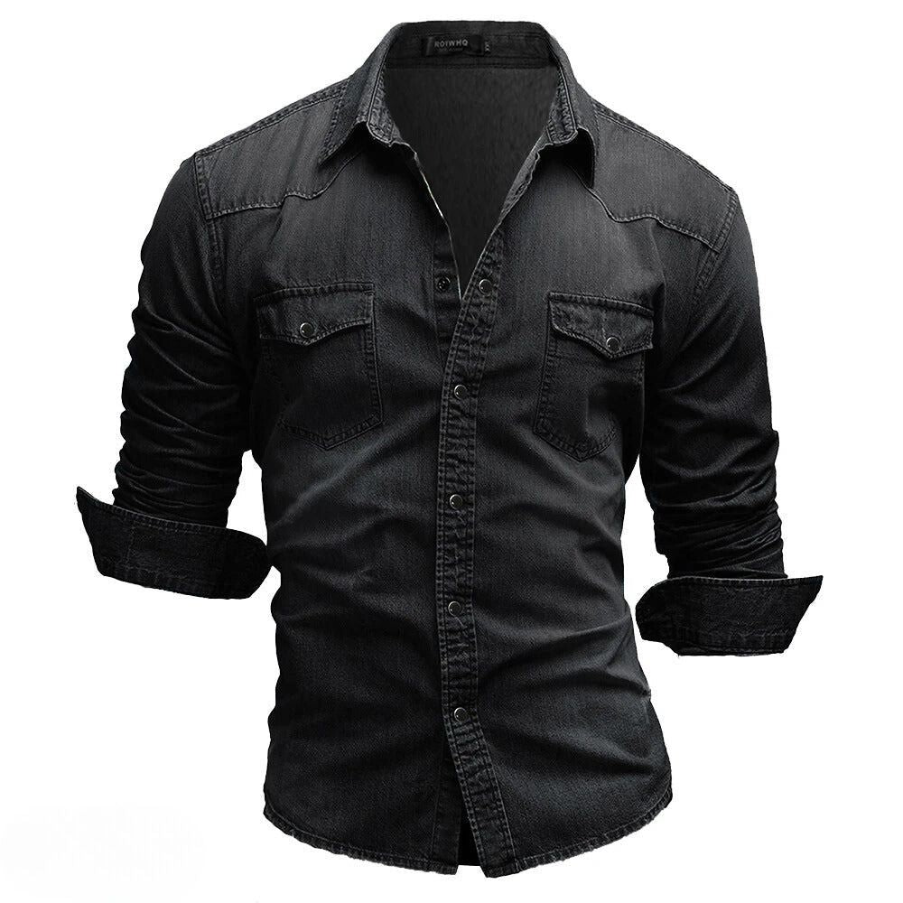 Stylish men's vintage wash denim shirt. Rugged western style, long sleeve, and button-up design.