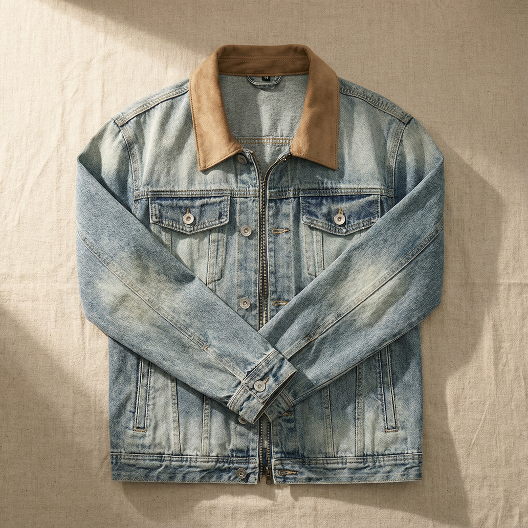 Close-up of vintage wash denim fabric on a Men's Trucker Jacket, showing texture