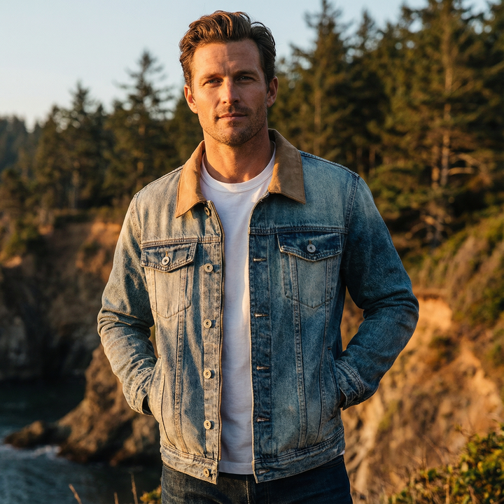 Male model wearing a Men's Vintage Wash Denim Trucker Jacket, styled casually