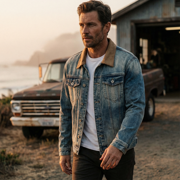 Back view of Men's Denim Trucker Jacket, vintage wash, showcasing paneling and fit