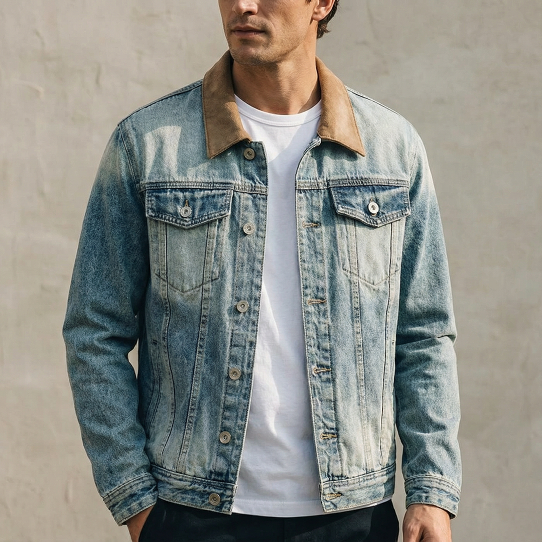 Detail of button closure on a Men's Vintage Wash Denim Trucker Jacket, copper hardware