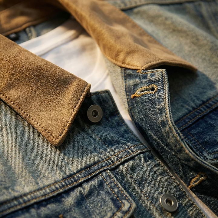 Men's classic trucker jacket in a distressed vintage wash denim, front view, casual style