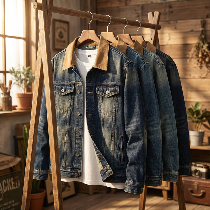 Side profile of a Men's Vintage Wash Denim Trucker Jacket, showcasing sleeve and cuff