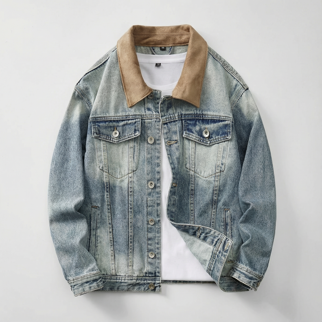 Men's casual outerwear: Vintage Wash Denim Trucker Jacket with open front, fashion shot