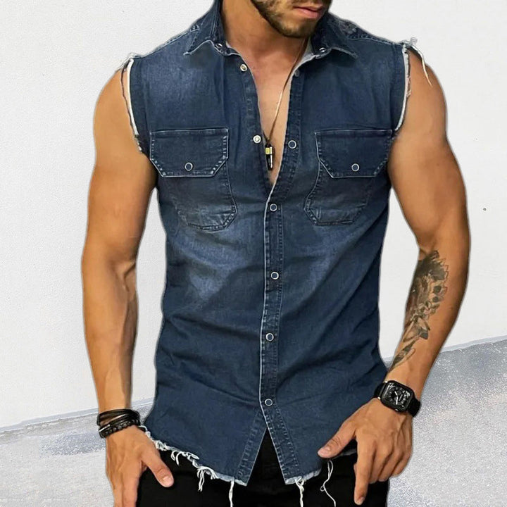 Sleeveless men's vintage wash shirt vest for summer. Features button front & utility pockets. Casual street style.