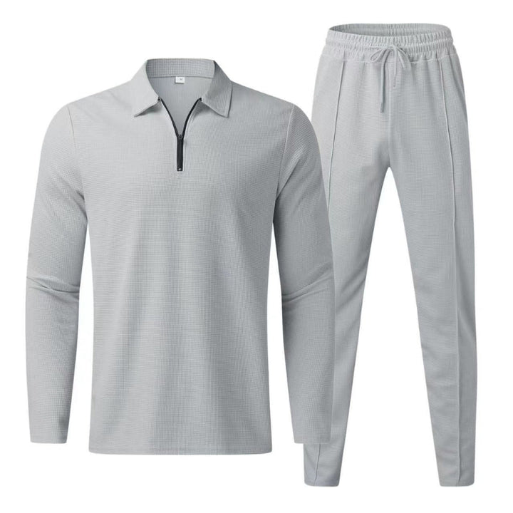 Full view of men's two-piece waffle loungewear set, perfect for casual fashion