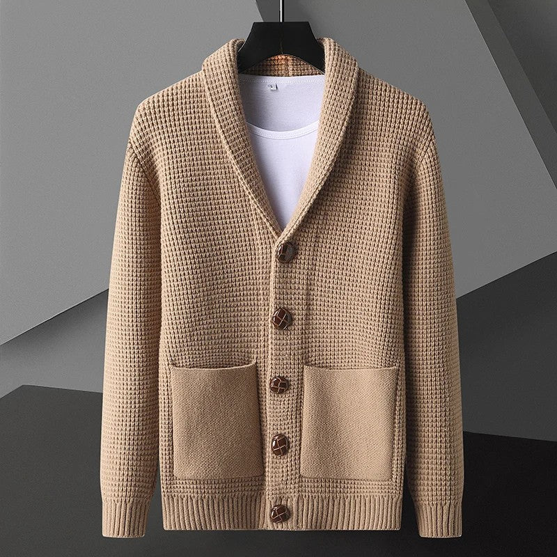 Men's waffle knit shawl collar cardigan in a classic fall color, perfect for layering and casual wear.