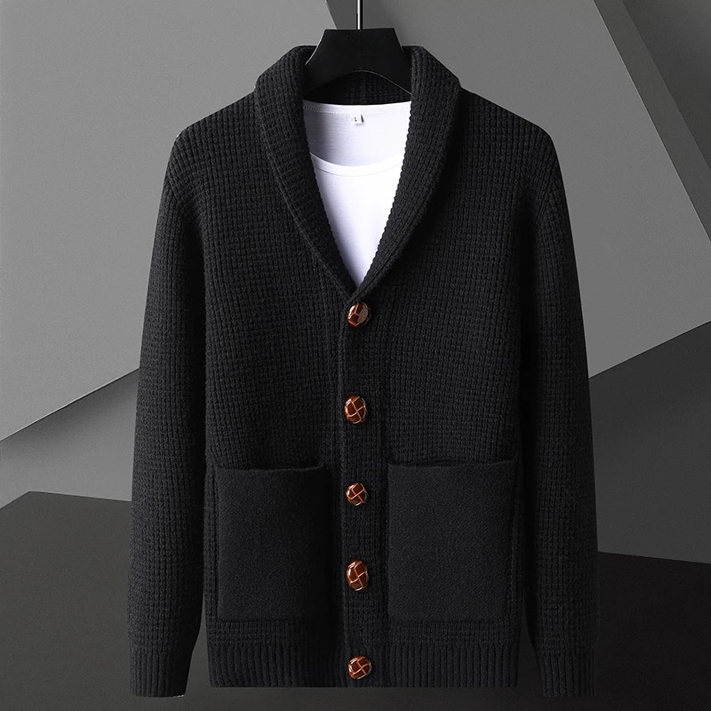 Stylish men's waffle knit sweater with a sophisticated shawl collar and button front closure.