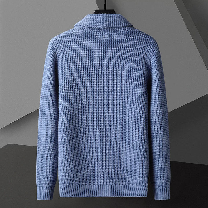 Button-front men's shawl collar cardigan, a versatile piece for fall fashion and everyday comfort.