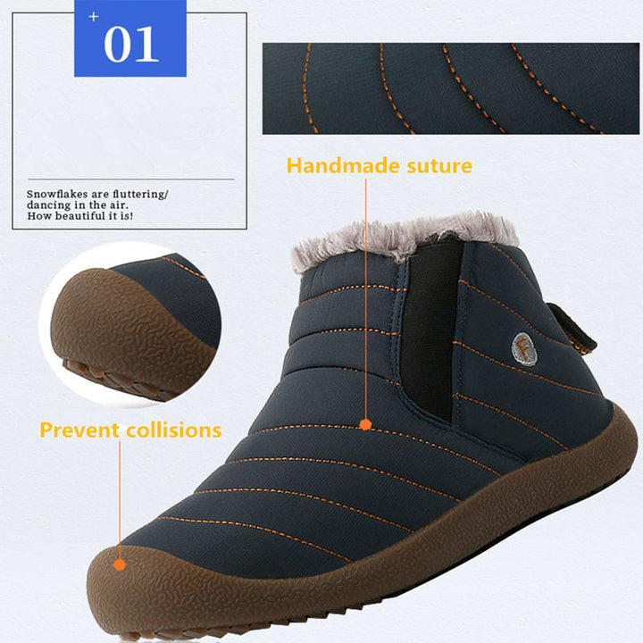 Detail of men's waterproof snow boots, highlighting insulated lining for warmth
