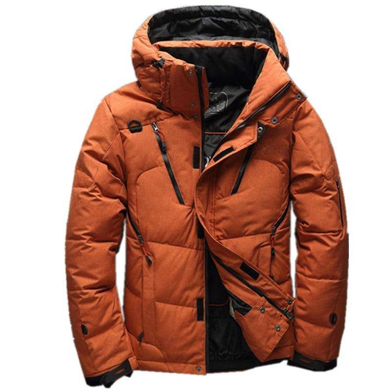 Men's warm duck down winter parka coat with detachable hood, ideal for cold weather outerwear