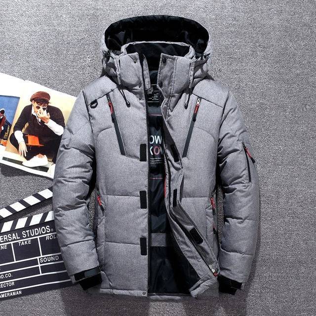 Close-up of a men's polyester winter parka coat with plush duck down fill and secure zipper