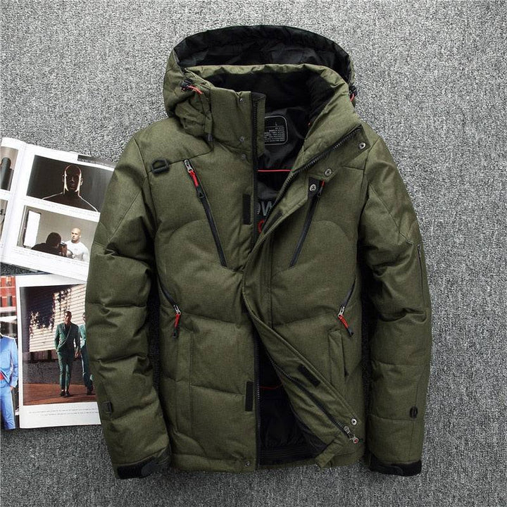 Full-length view of a men's winter duck down parka with detachable hood, a versatile outerwear choice
