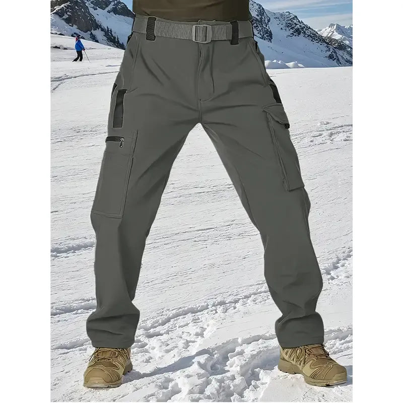 Stylish men's casual fleece-lined cargo pants in an olive green shade, excellent for winter wear.