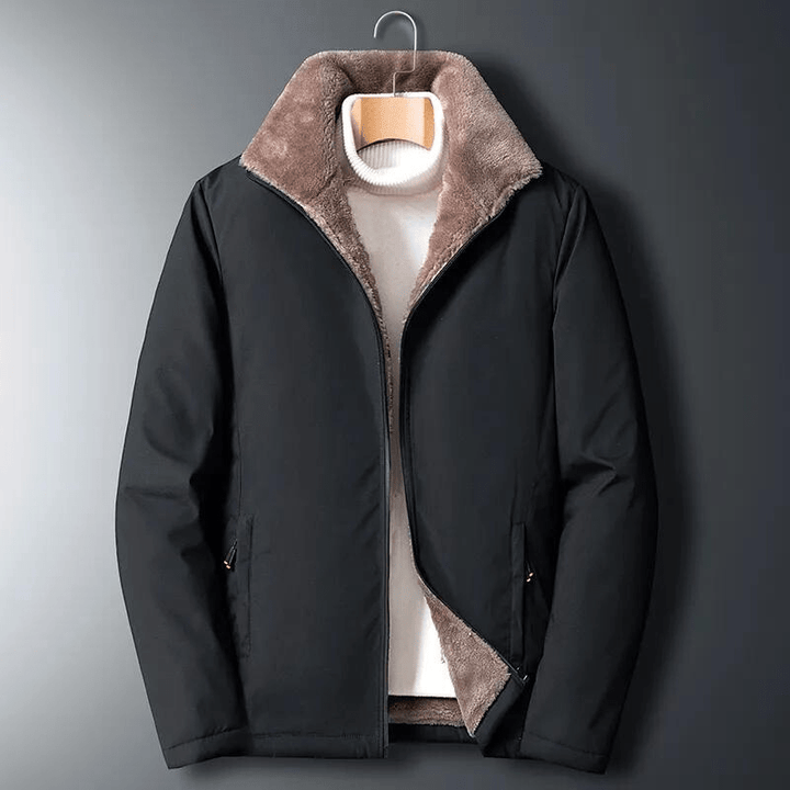 Casual men's black winter coat with warm fluffy lining, suitable for cold weather, side view