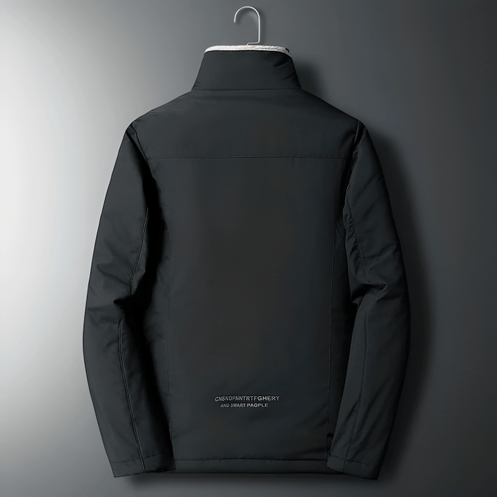 Close-up of the fluffy polyester lining in a men's warm black winter jacket