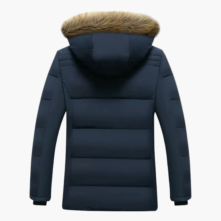 Detail of zipper and pockets on a men's heavy-duty coat, good for cold weather and storage.