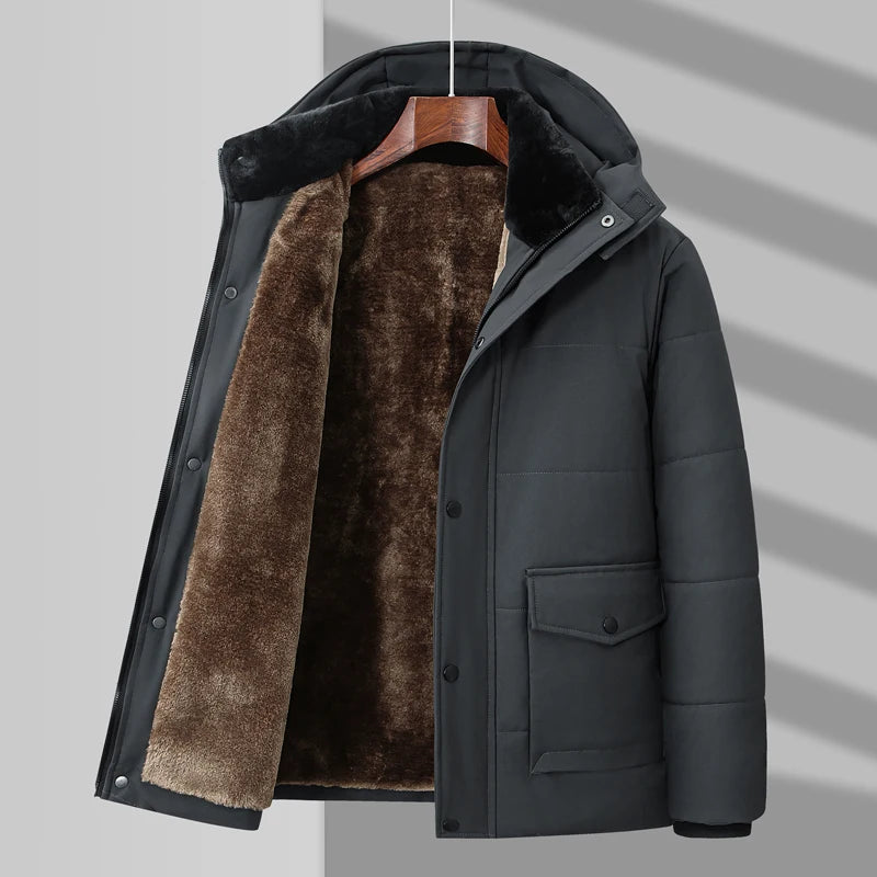 Men's warm fur lined water resistant puffer jacket, front view, ideal winter coat for men