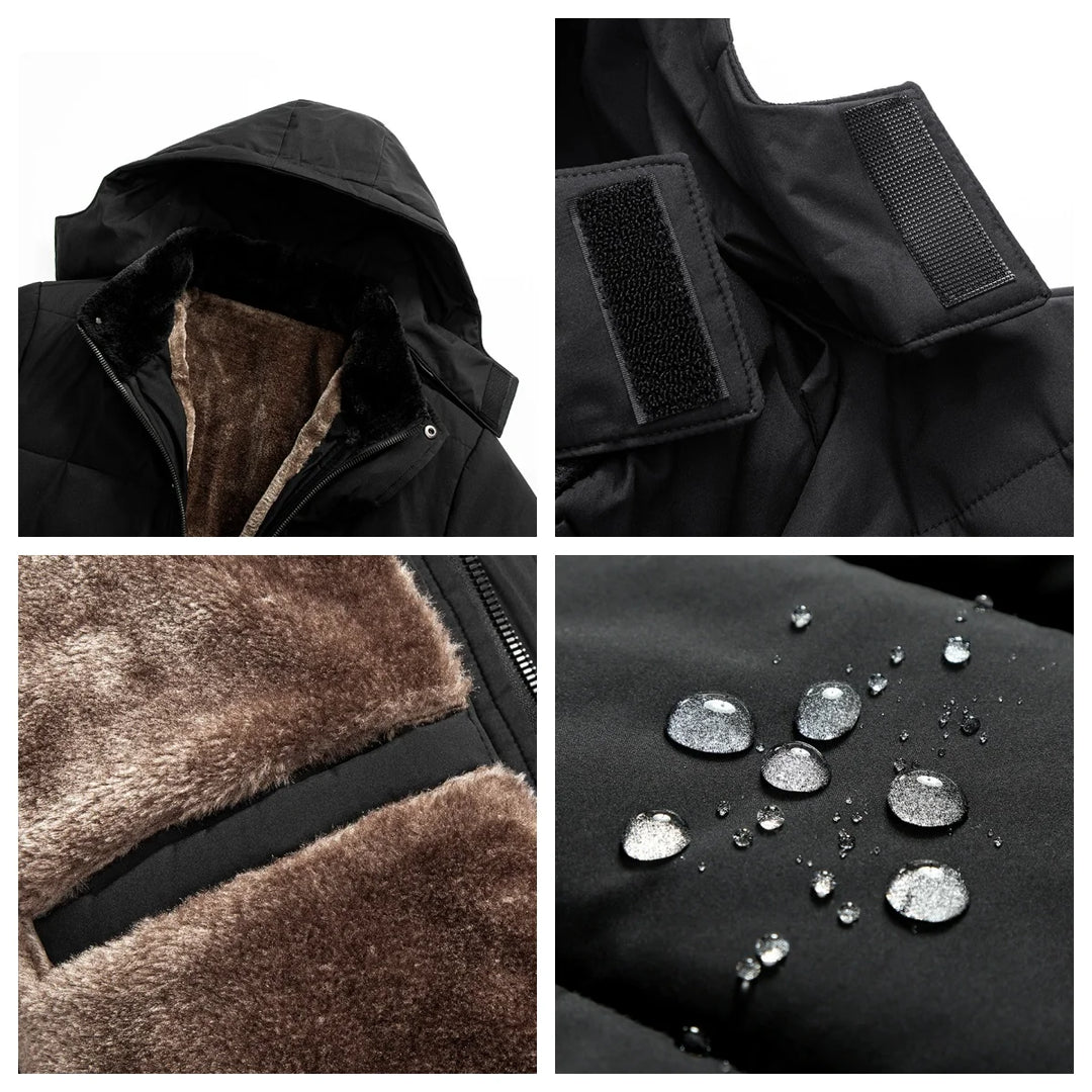 Puffer jacket for men, fur lined hood, water resistant, quilted design for warmth