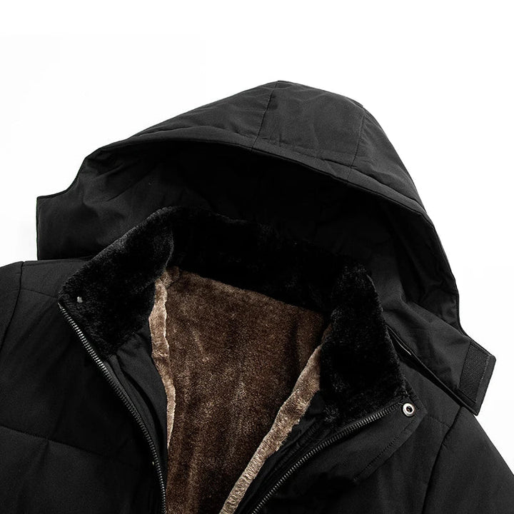 Quilted men's puffer jacket, fur lined, water resistant fabric, perfect for cold weather