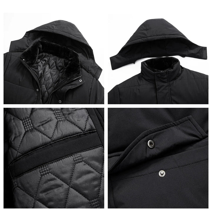 Stylish men's fur lined puffer jacket, water resistant, side pockets, ideal winter outerwear