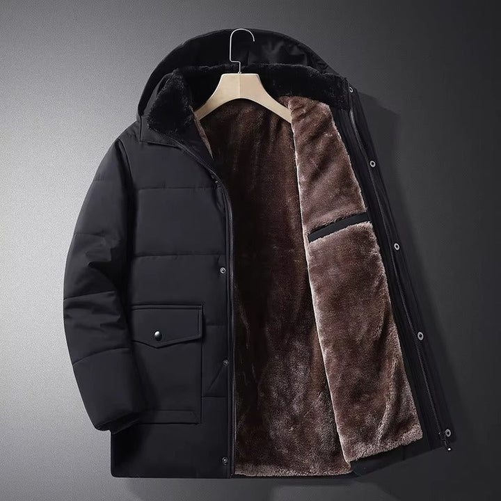 Close-up of fur lined hood on a men's water resistant puffer jacket, showing texture