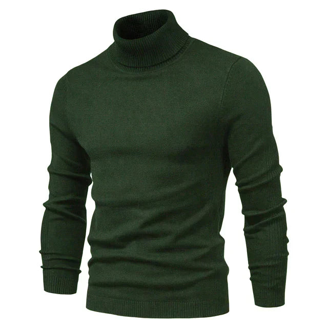 Detailed shot of the high neck collar on a men's knitted winter sweater, for extra warmth