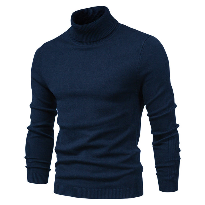 Back view of a casual men's high neck sweater, showcasing its long sleeve and knitted fabric