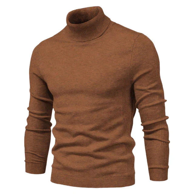 Lifestyle shot of a man in a warm knitted high neck sweater, highlighting winter comfort