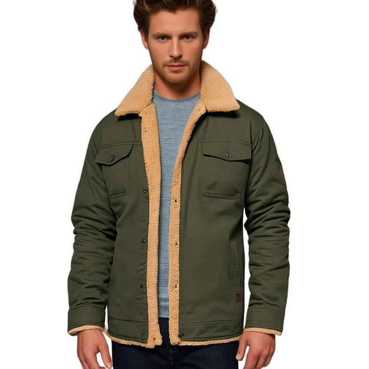 Men's warm jacket, folded, showcasing its compact nature for travel and storage
