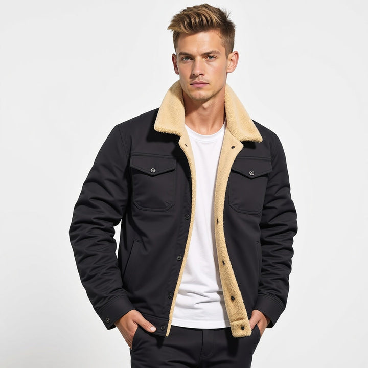Back view of men's insulated winter coat, warm lined, ideal for outdoor wear