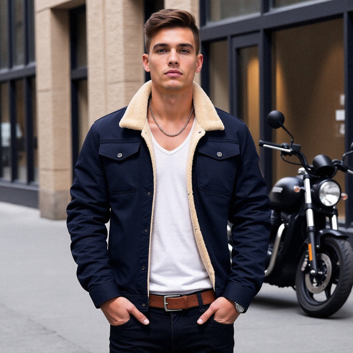 Detail of the zipper and pockets on a men's warm outdoor jacket, utility design