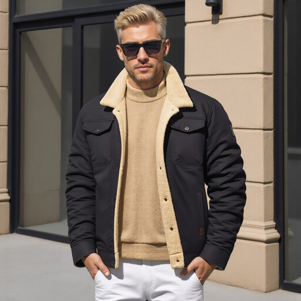 Men's jacket in a natural outdoor setting, highlighting its durability and warmth