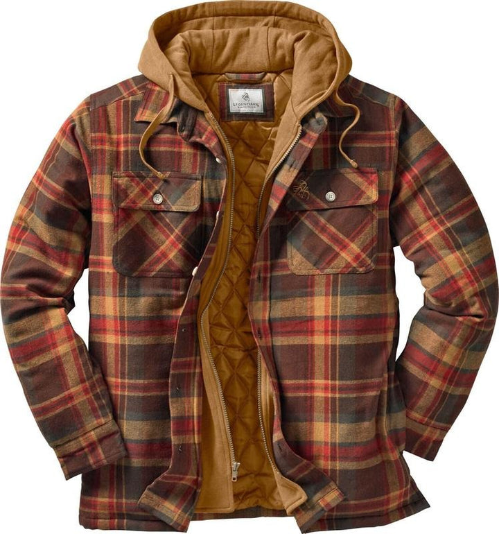 Men's warm red and black plaid flannel jacket with hood, ideal for casual winter wear.