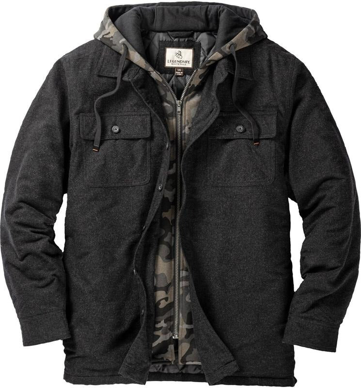 Comfortable men's hooded flannel jacket, featuring a quilted lining and button-front closure.